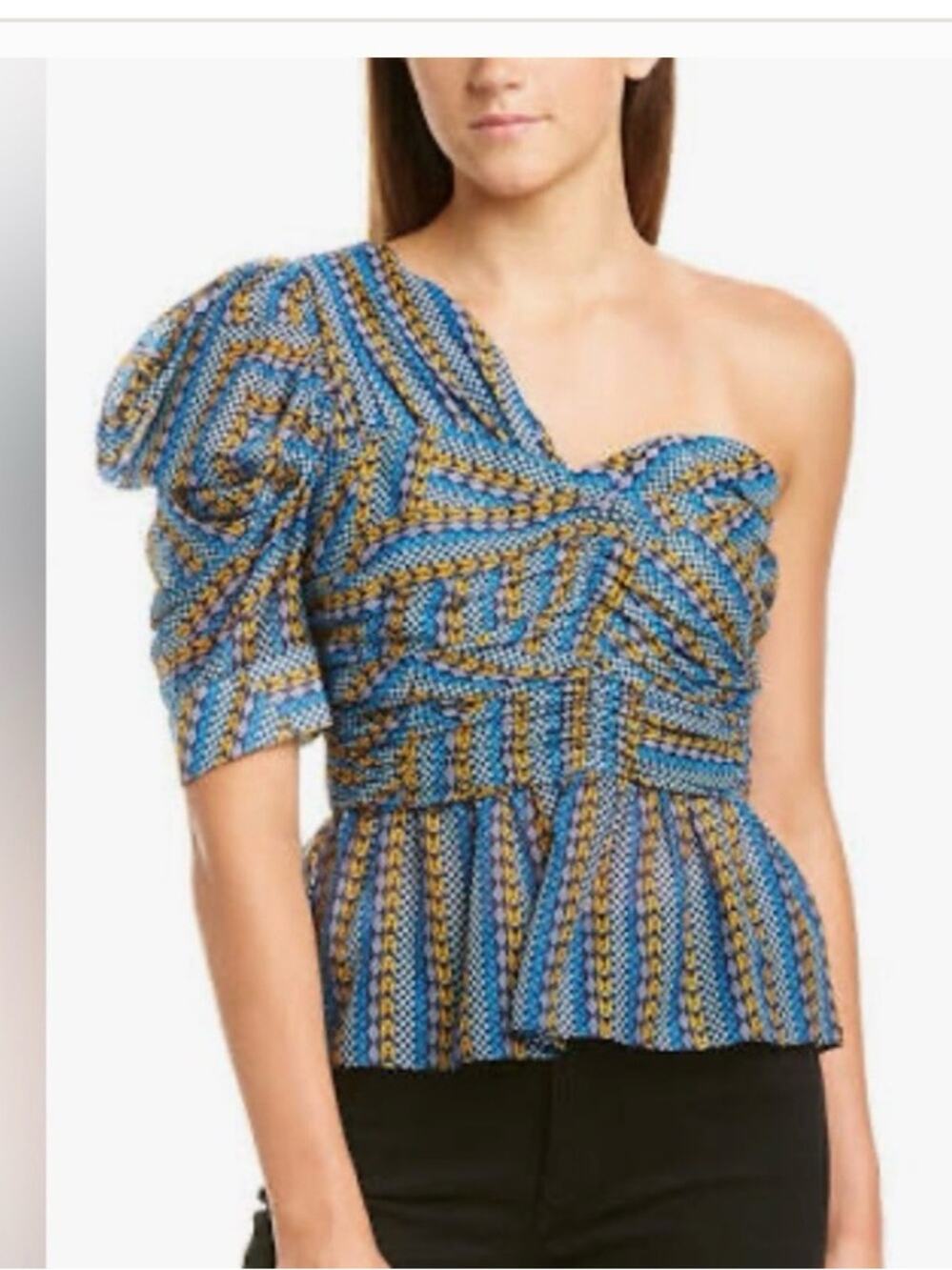 BCBGMAXAZRIA Size M One-Shoulder Peplum Top Blue Geometric Statement Sleeve
